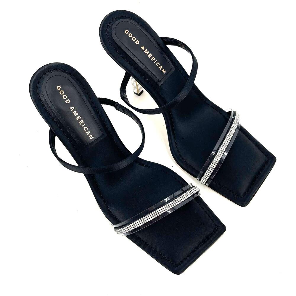 Good American Open Square Toe Rhinestone Strappy Heels Black Satin Size 9 NIB - Picture 8 of 8